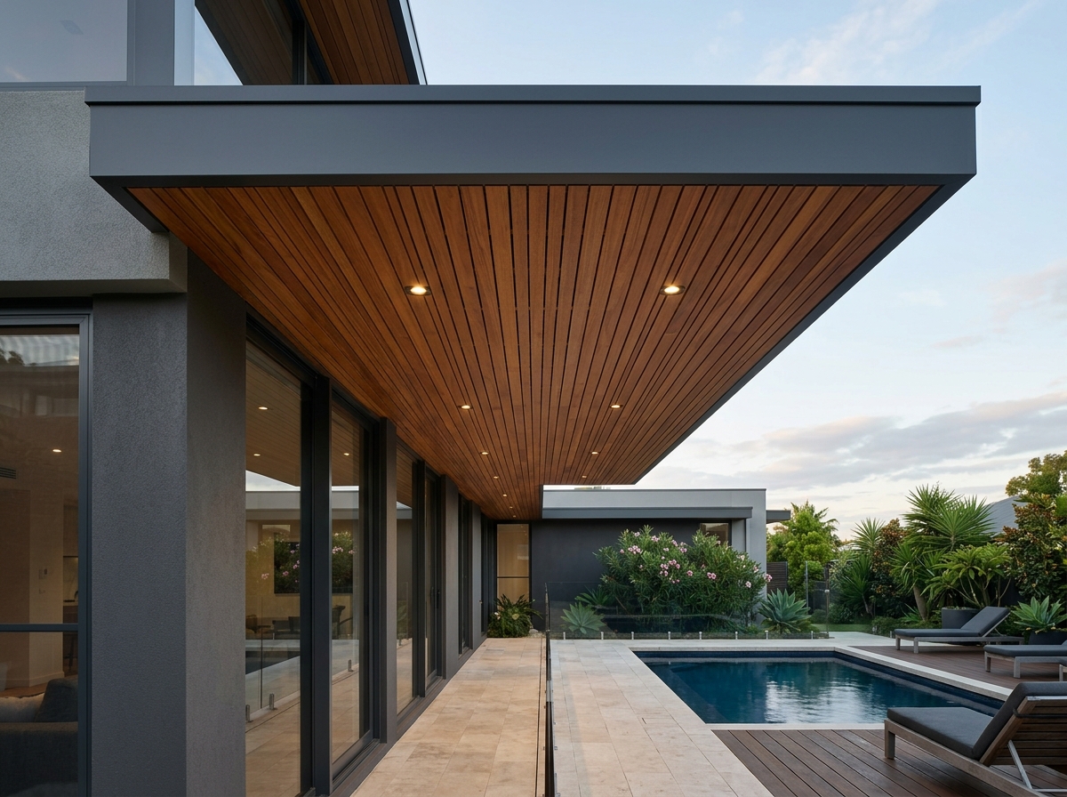 continuous teak wood under-roof architectural soffit panels